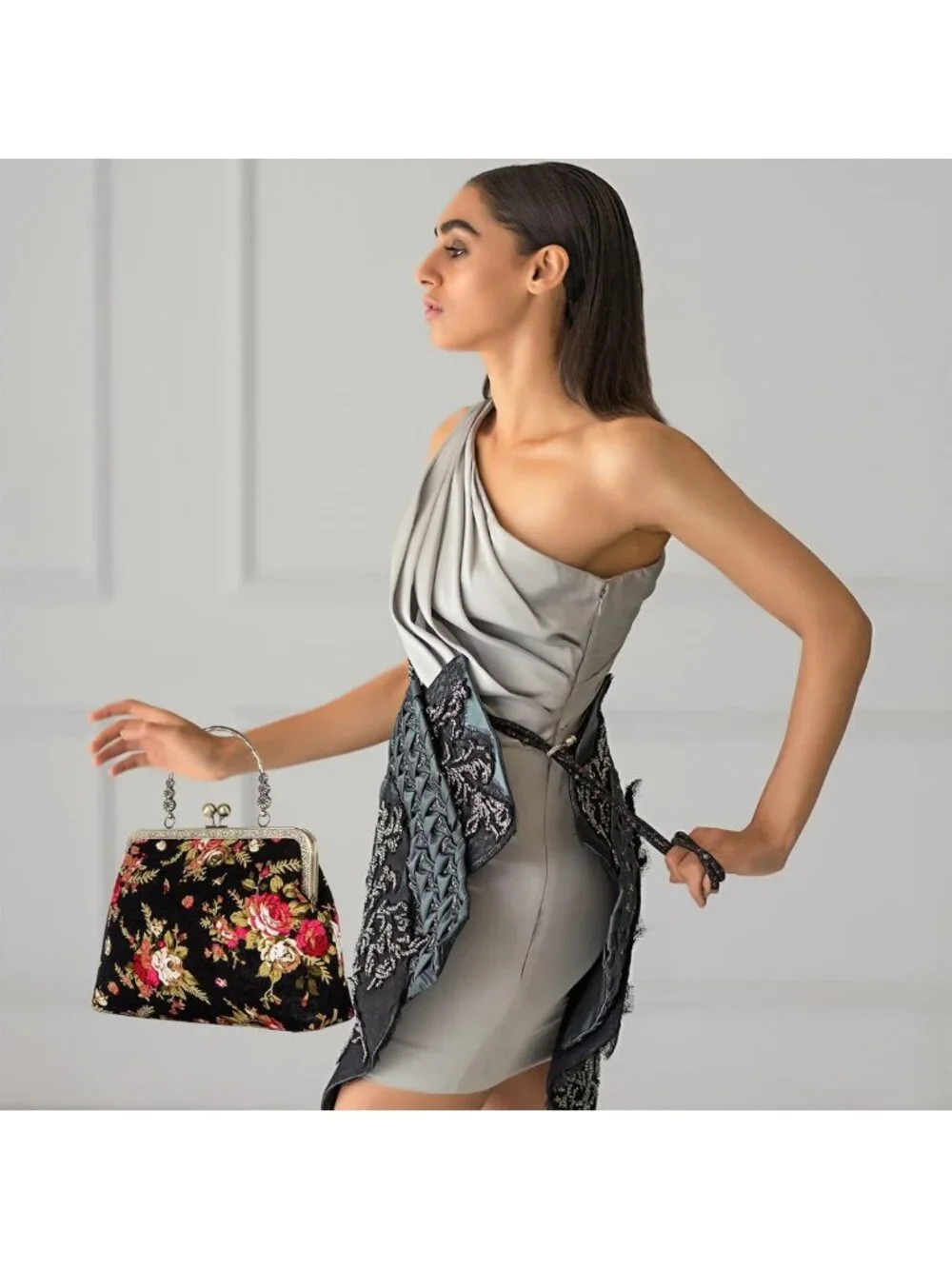 Vintage Floral Top-Handle Handbag, Kiss Lock Evening Bag for Women, Chic Purse